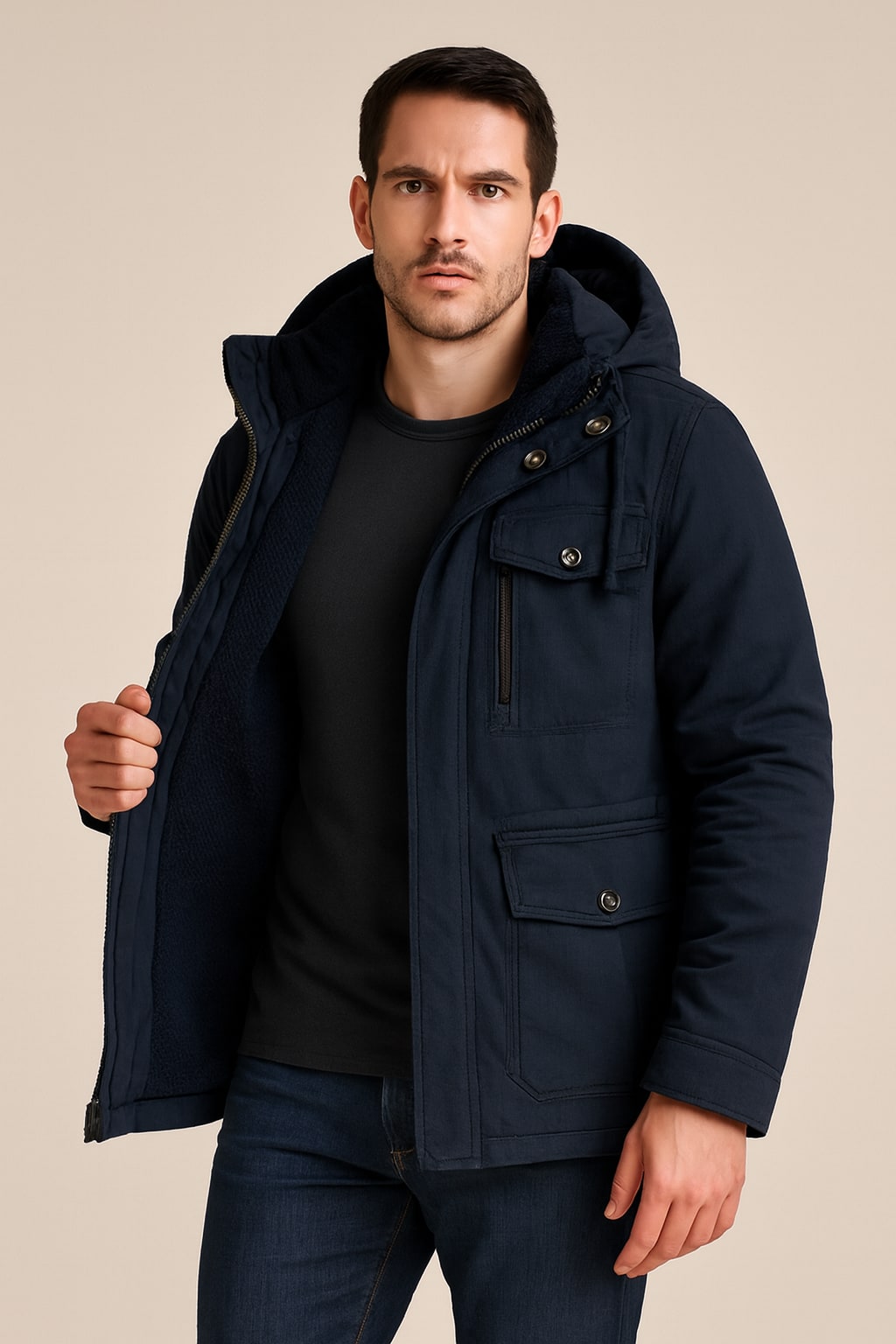 Men's Hooded Parka in blue, fleece-lined insulated jacket, worn open to show the thick sherpa fleece lining