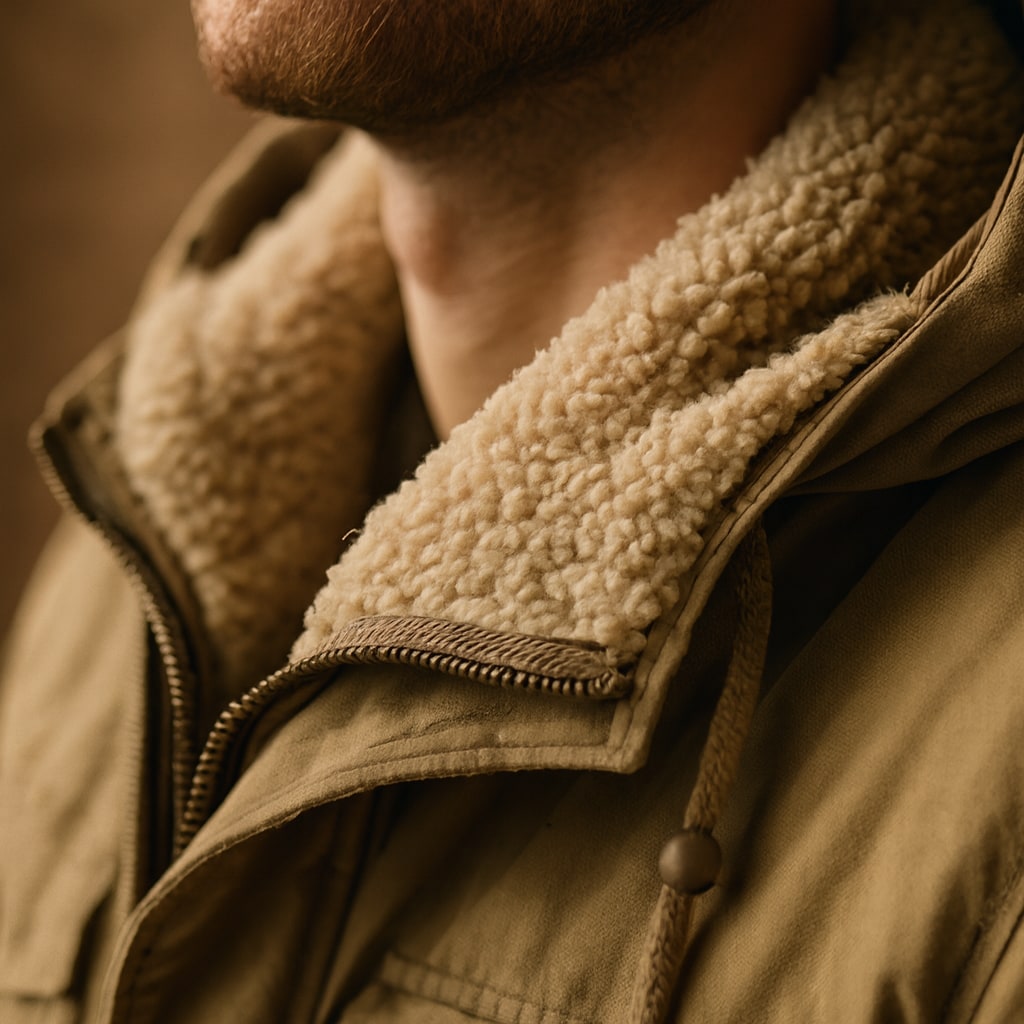 Close-up of the men's hooded parka showing the sherpa lining at the collar