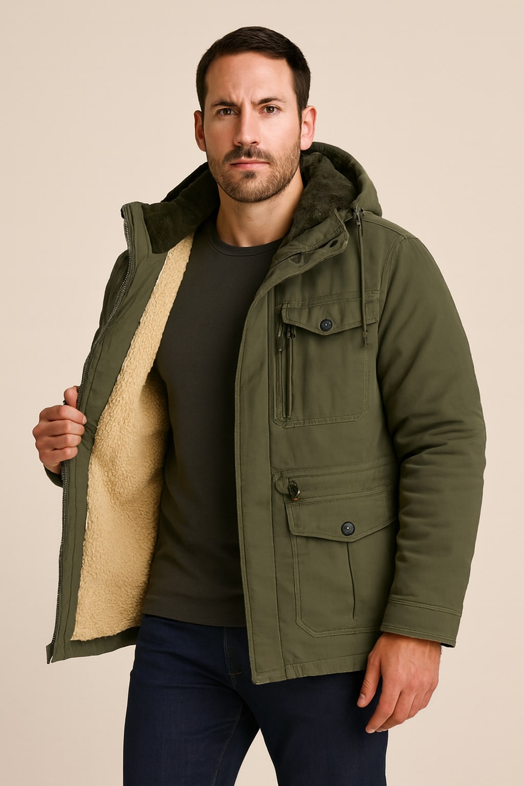 Men's Hooded Parka in green, fleece-lined insulated jacket, worn open to show the thick sherpa fleece lining