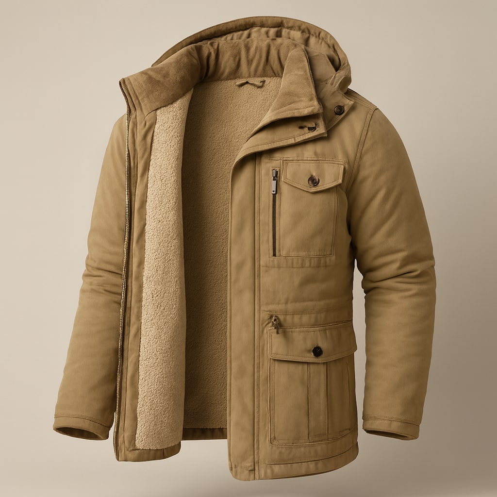 Inside view of the men's hooded parka in khaki showing the thick sherpa fleece lining