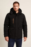 Men's Hooded Parka Jacket in black, removable hood, front view on a model