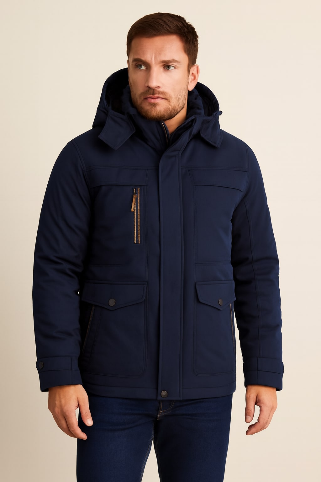 Men's Hooded Parka Jacket in dark blue, removable hood, front view on a model