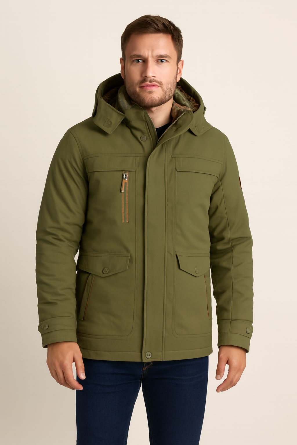 Men's Hooded Parka Jacket in green, removable hood, front view on a model