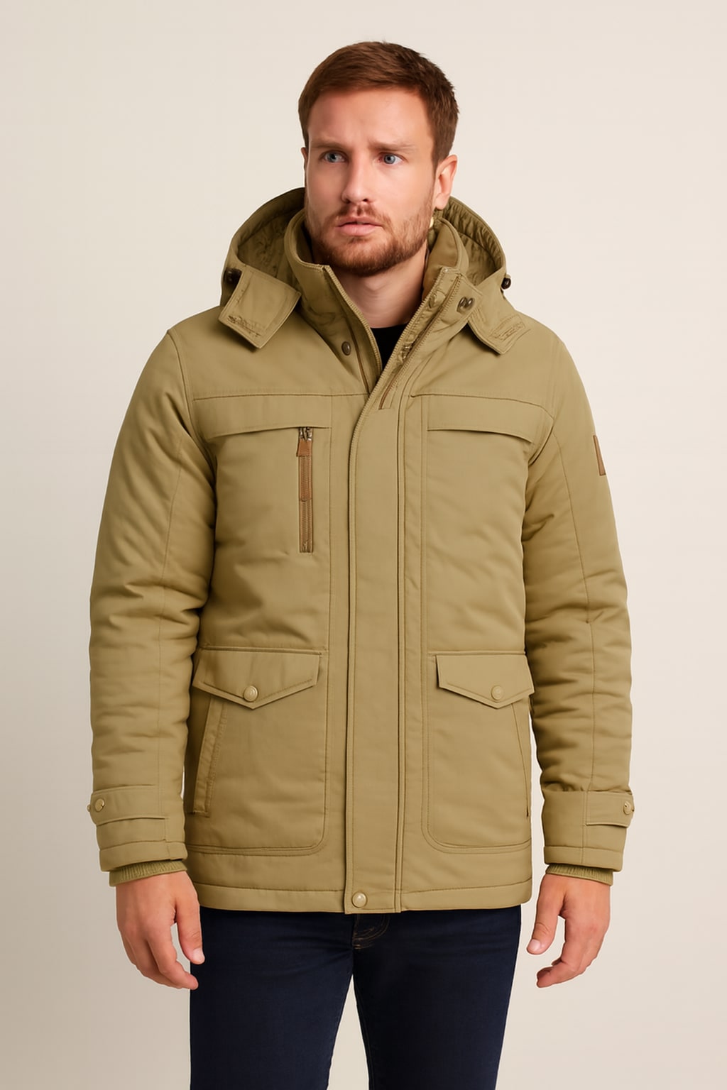 Men's Hooded Parka Jacket in khaki, removable hood, front view on a model