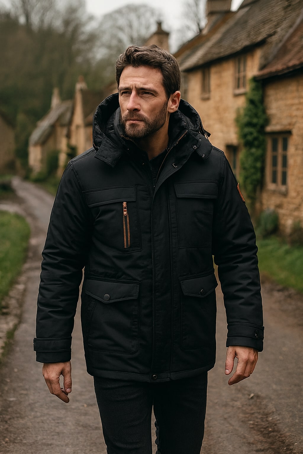 Man wearing the men's hooded parka jacket on an autumn street
