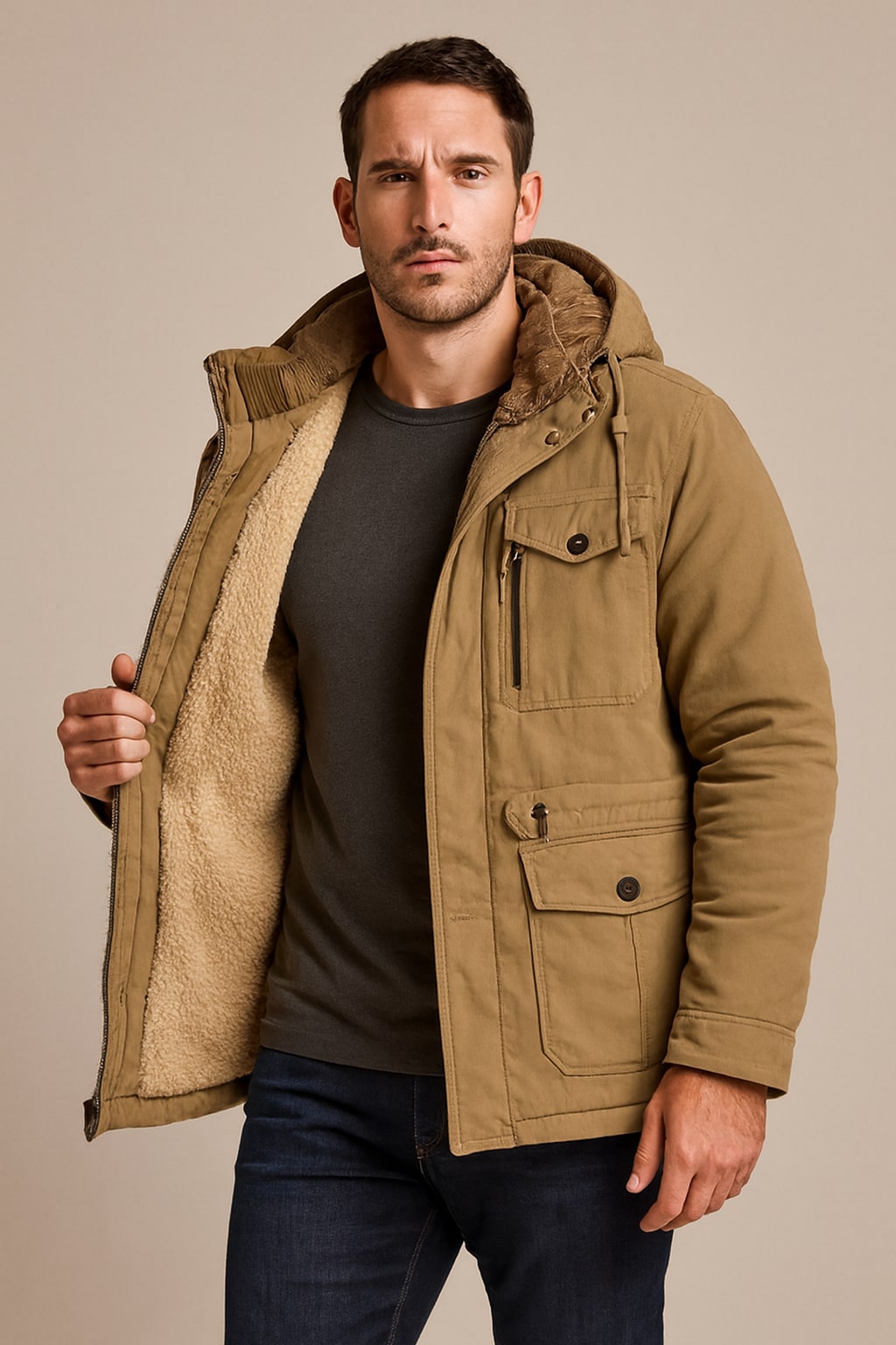 Men's Hooded Parka in khaki, fleece-lined insulated jacket, worn open to show the thick sherpa fleece lining