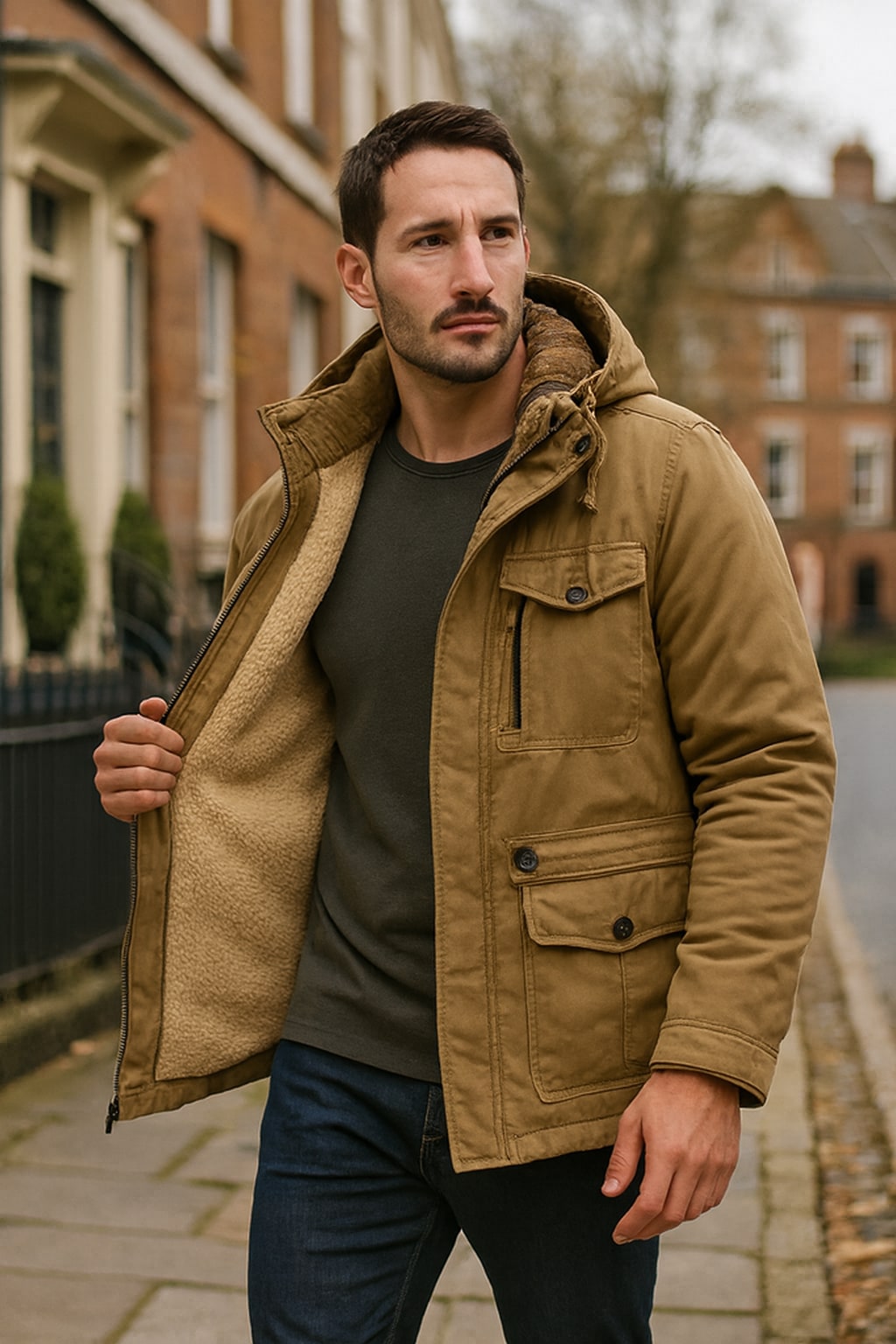 Man wearing the men's hooded parka on an autumn street