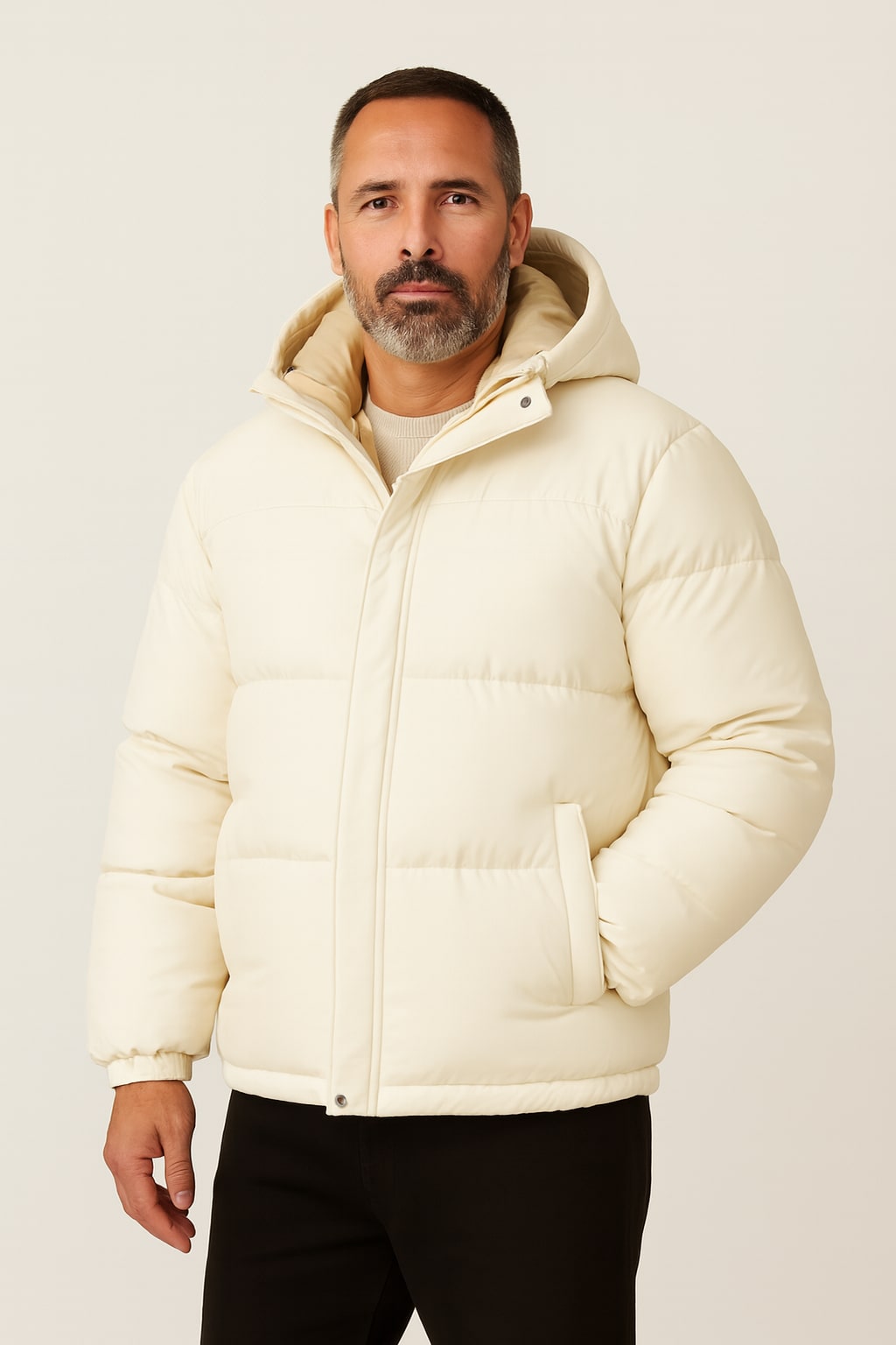 Men's Hooded Puffer Jacket in beige, quilted winter coat, front view on a model