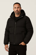 Men's Hooded Puffer Jacket in black, quilted winter coat, front view on a model