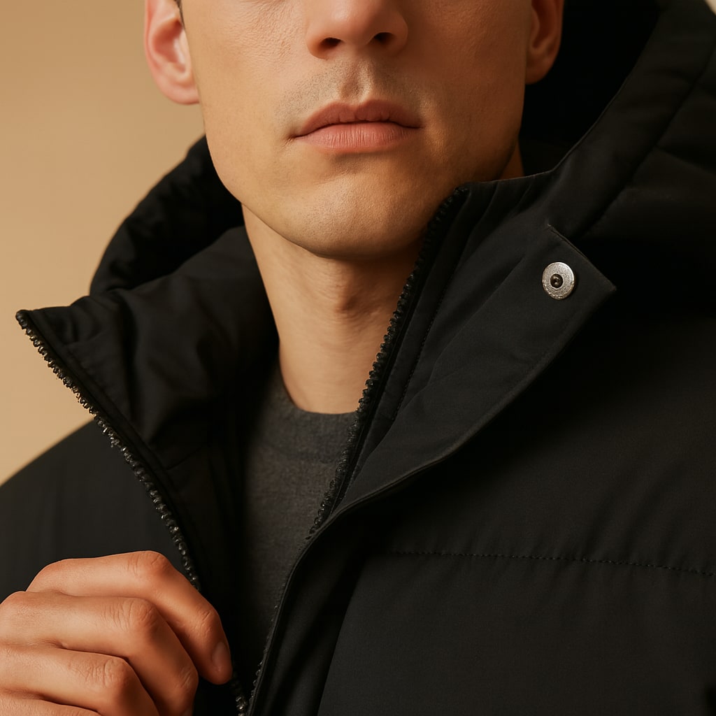 Close-up of the men's hooded puffer jacket showing the quilted loft and hood