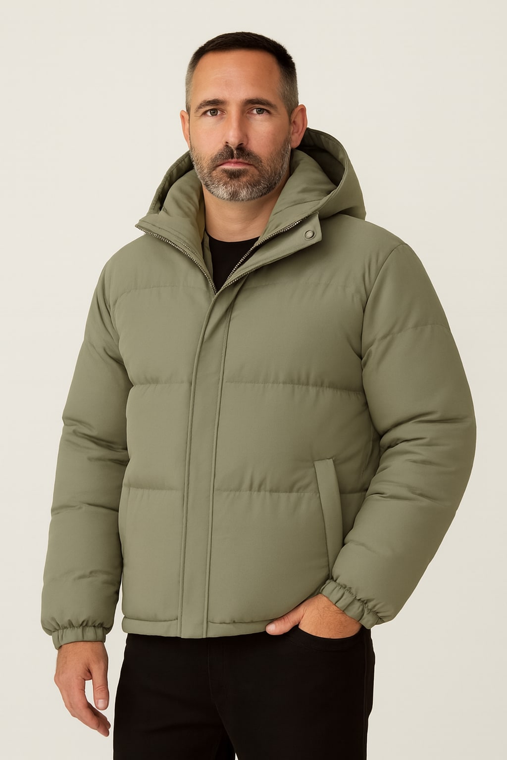 Men's Hooded Puffer Jacket in green, quilted winter coat, front view on a model