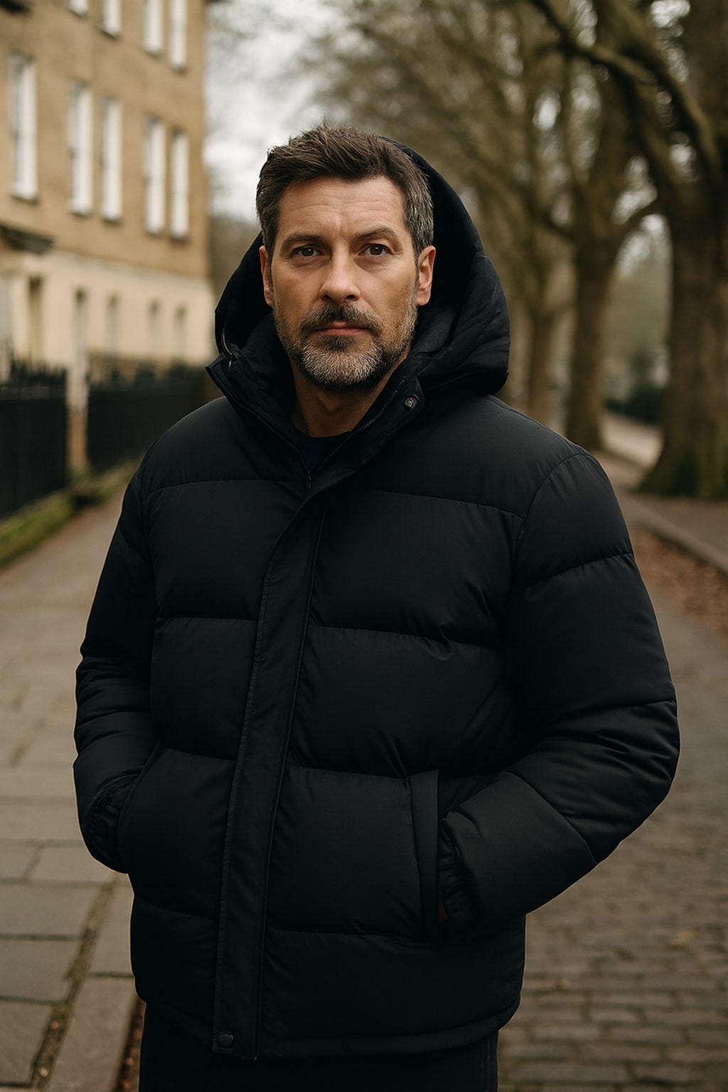 Man wearing the men's hooded puffer jacket on an autumn street