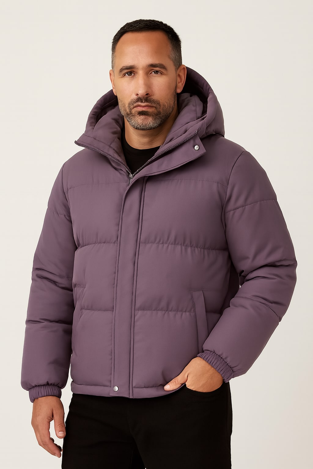 Men's Hooded Puffer Jacket in purple, quilted winter coat, front view on a model