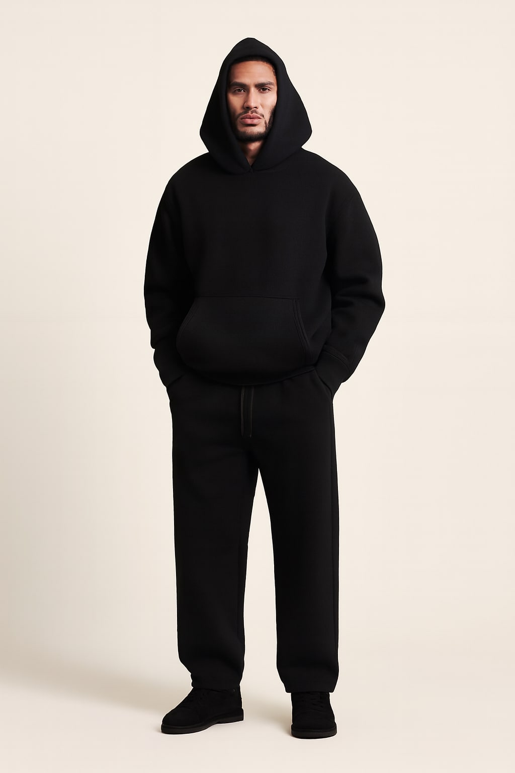Men's Hooded Tracksuit in black, oversized hoodie and wide joggers, front view on a model