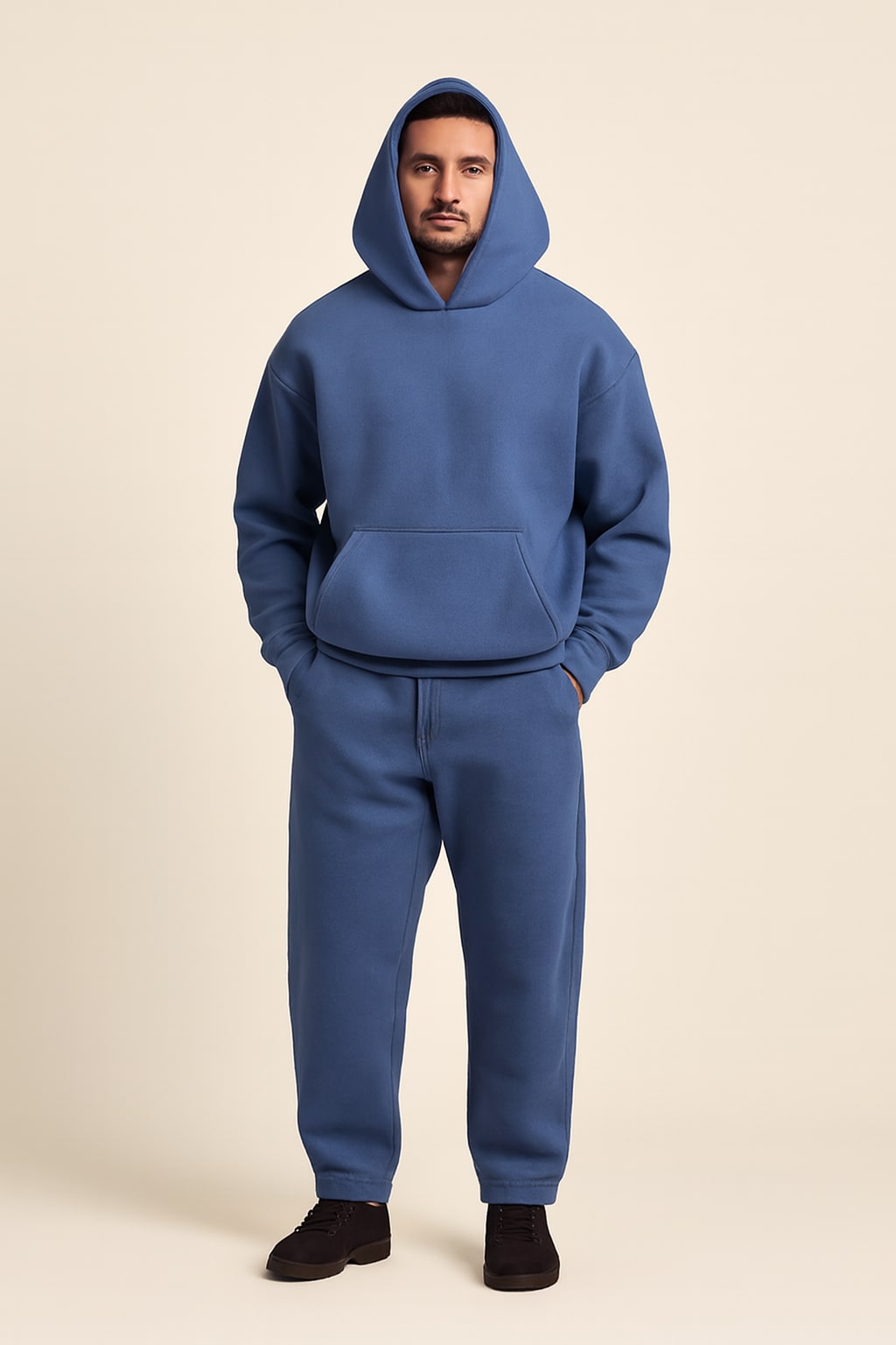 Men's Hooded Tracksuit in blue, oversized hoodie and wide joggers, front view on a model
