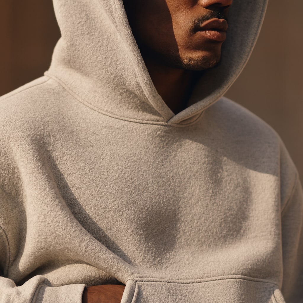 Close-up of the men's hooded tracksuit showing the fleece texture and hood