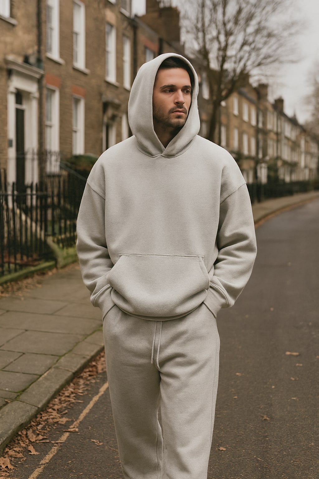 Man wearing the men's hooded tracksuit on an autumn street