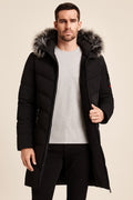 Men's Hooded Winter Coat in black, padded parka with faux fur hood, worn open to show the black plush fleece lining