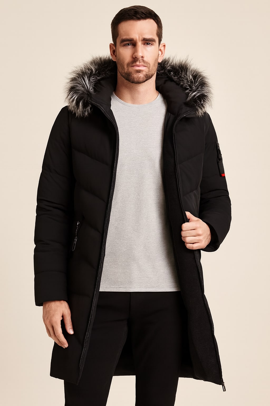 Men's Hooded Winter Coat in black, padded parka with faux fur hood, worn open to show the black plush fleece lining
