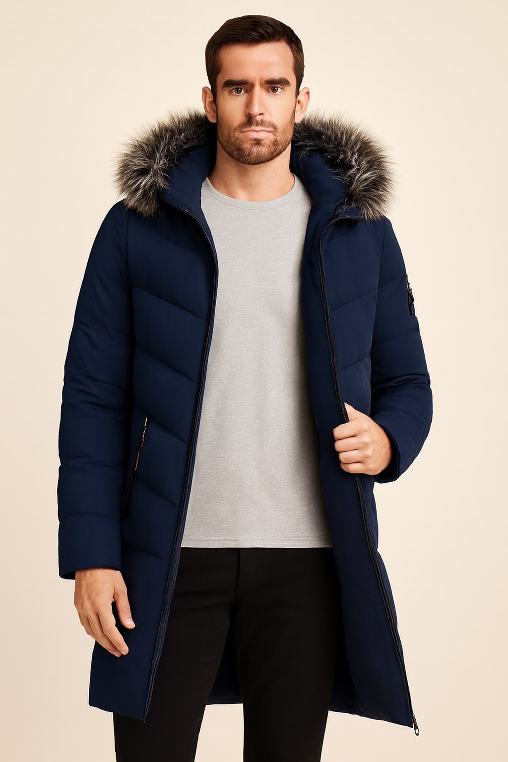Men's Hooded Winter Coat in dark blue, padded parka with faux fur hood, worn open to show the black plush fleece lining