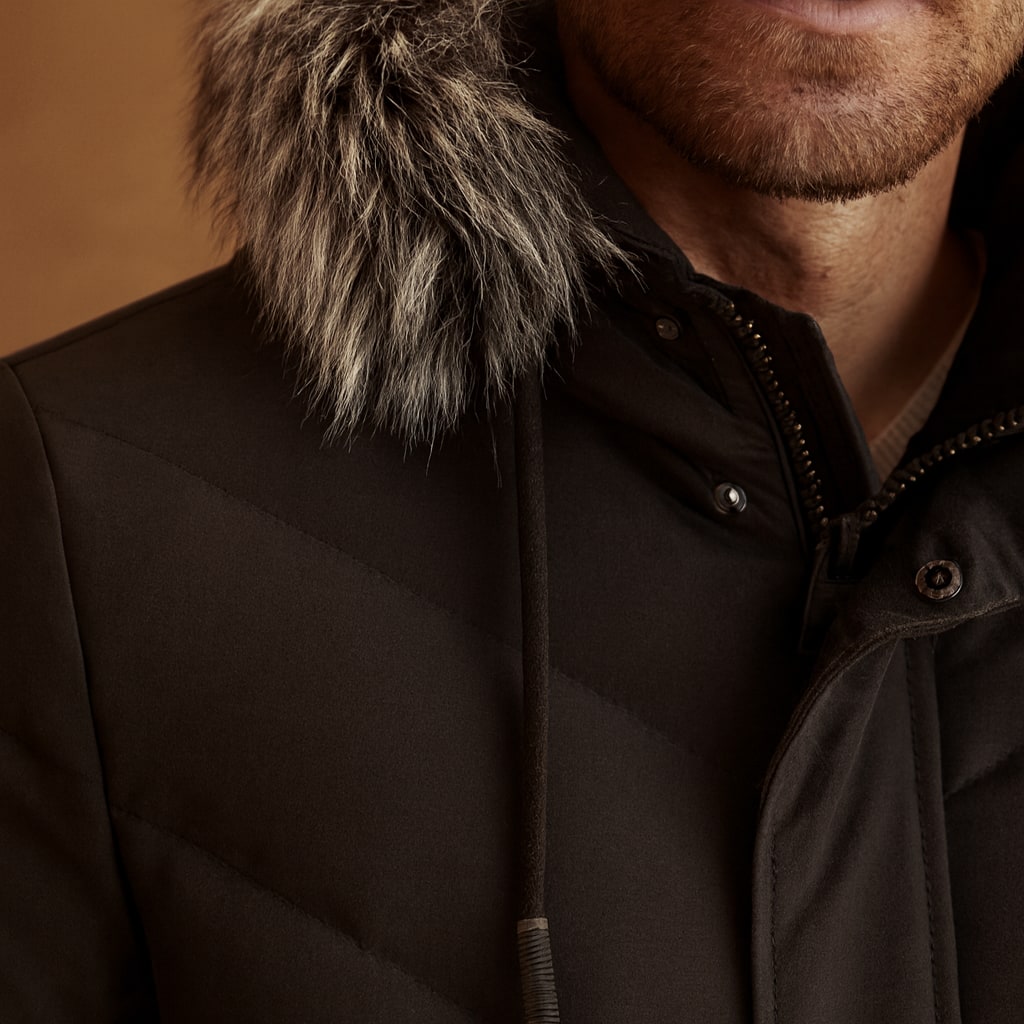Close-up of the men's hooded winter coat showing the faux fur hood trim