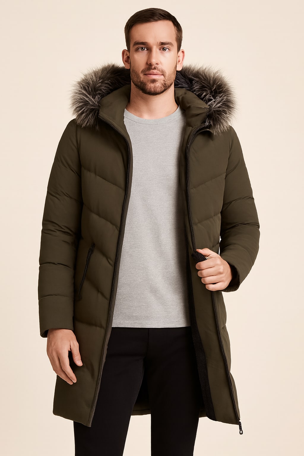 Men's Hooded Winter Coat in green, padded parka with faux fur hood, worn open to show the black plush fleece lining