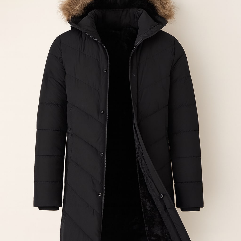 Inside view of the men's hooded winter coat in black showing the black plush fleece lining