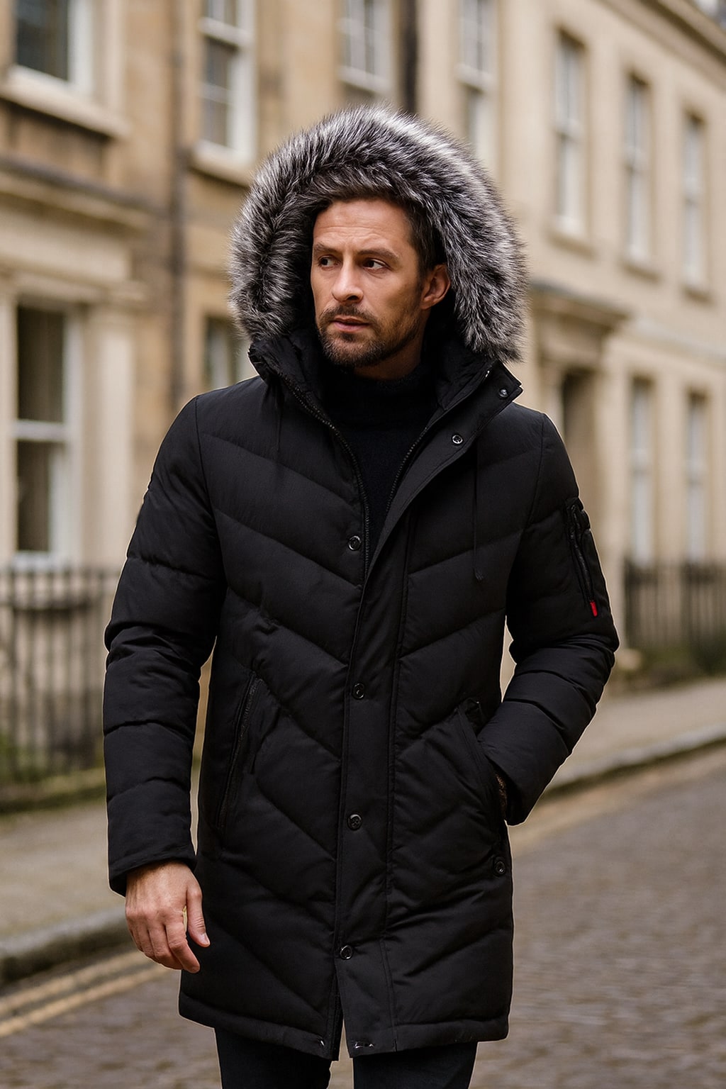 Man wearing the men's hooded winter coat on an autumn street