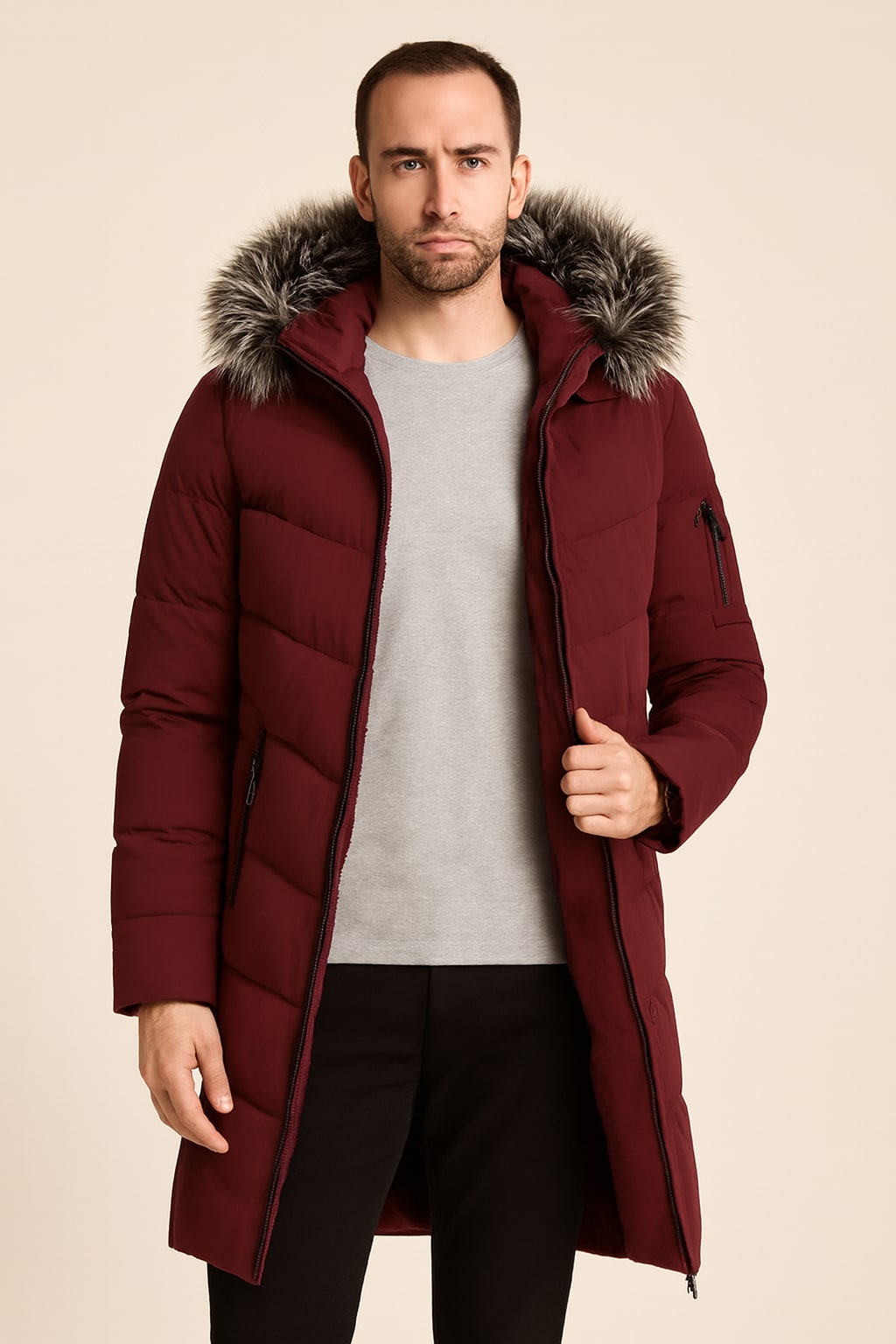 Men's Hooded Winter Coat in red, padded parka with faux fur hood, worn open to show the black plush fleece lining