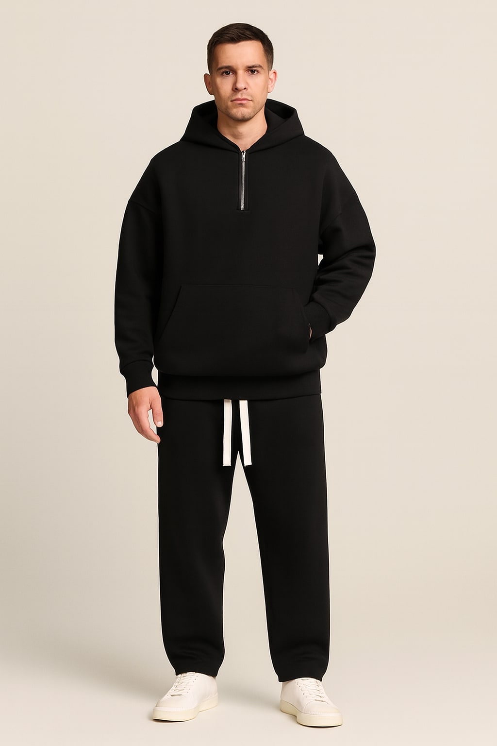 Men's Hoodie and Joggers Set in black, matching tracksuit, front view on a model