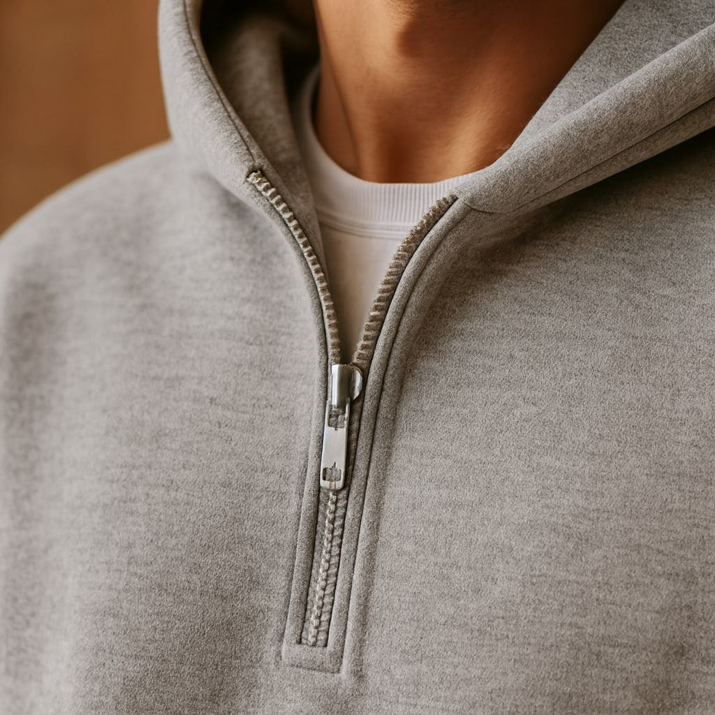 Close-up of the men's hoodie and joggers set showing the neck zip and hood
