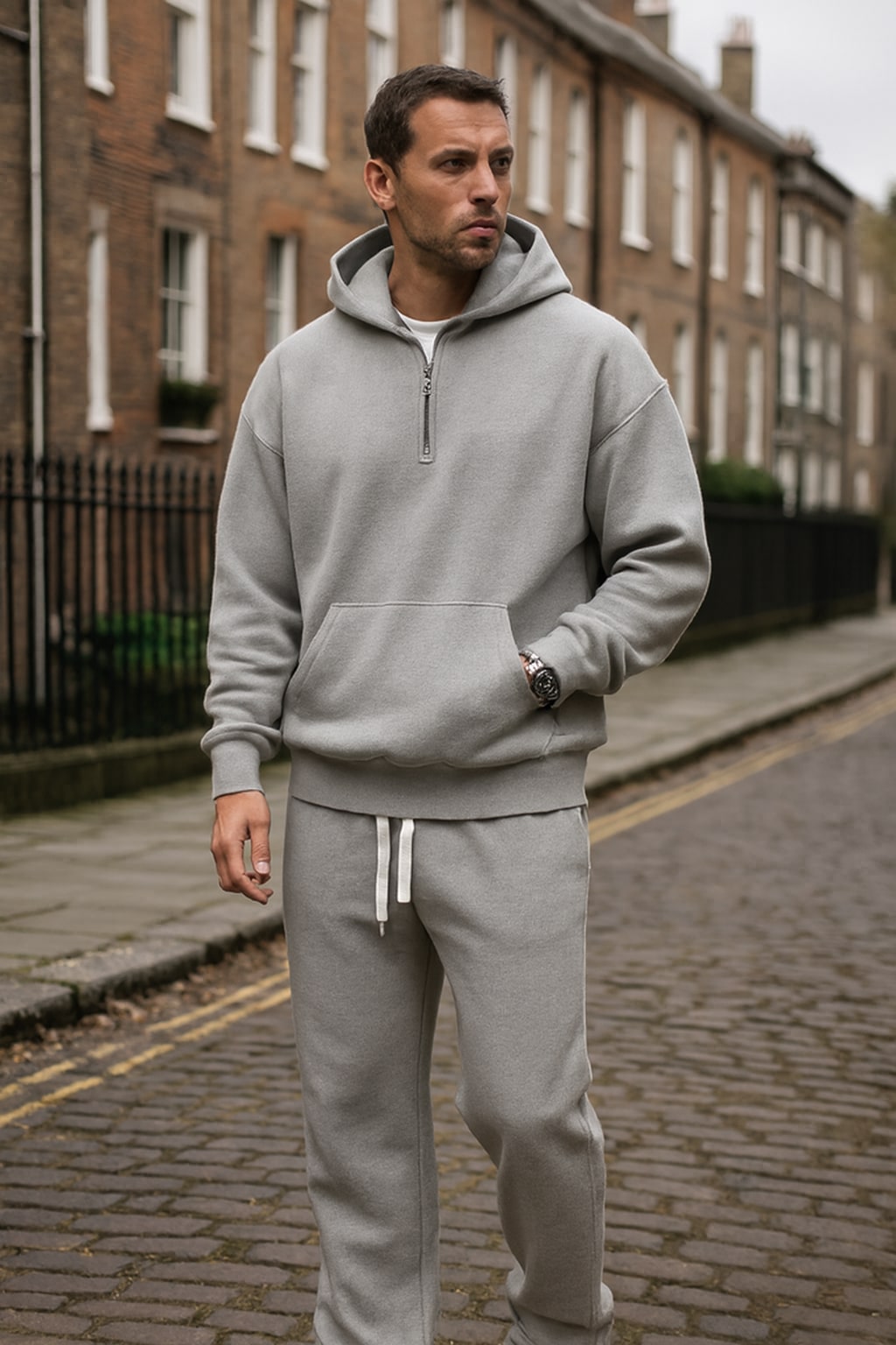 Man wearing the men's hoodie and joggers set on an autumn street