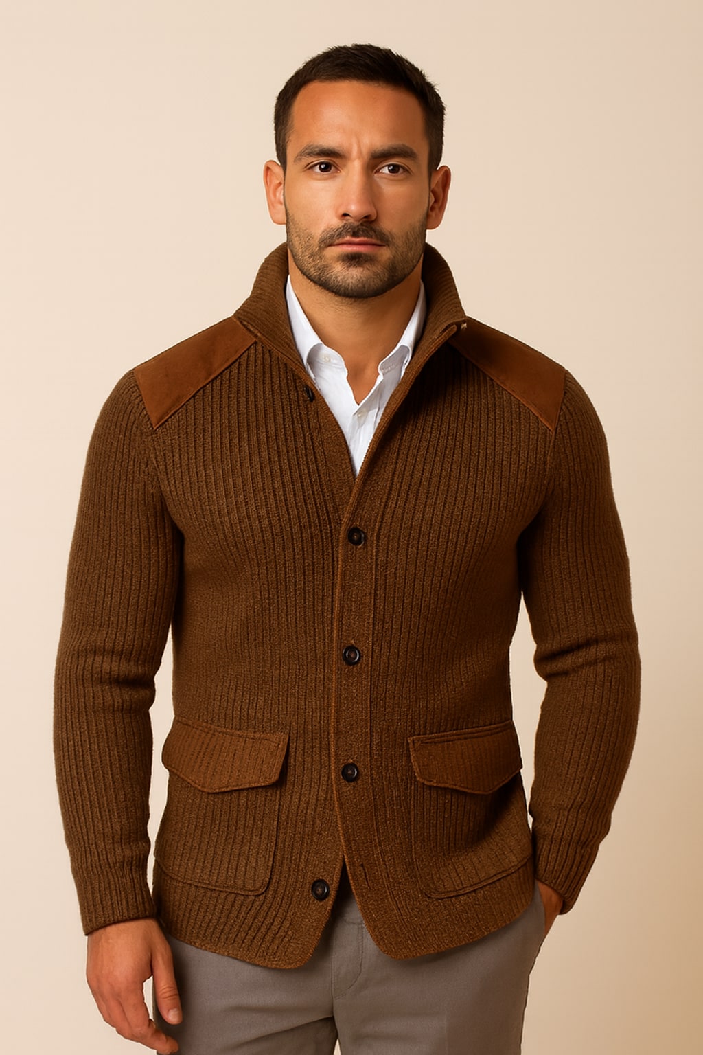 Men's Knitted Blazer in brown, soft tailored casual blazer, front view on a model