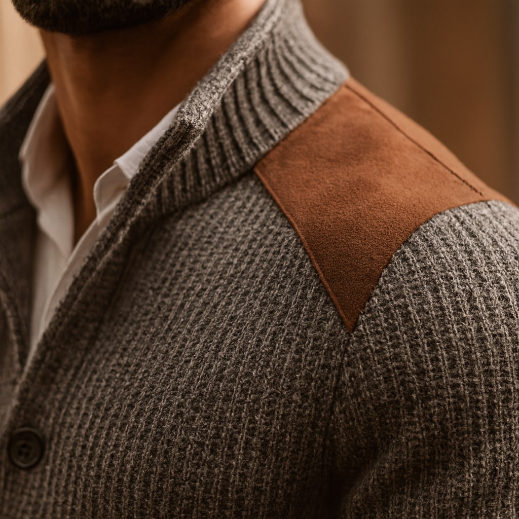 Close-up of the men's knitted blazer showing the suede-effect shoulder patch