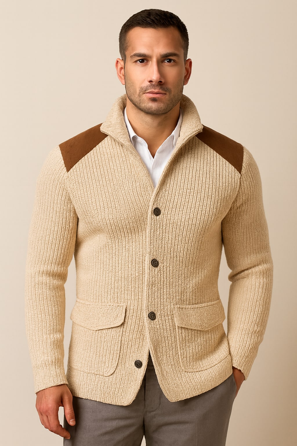 Men's Knitted Blazer in cream, soft tailored casual blazer, front view on a model