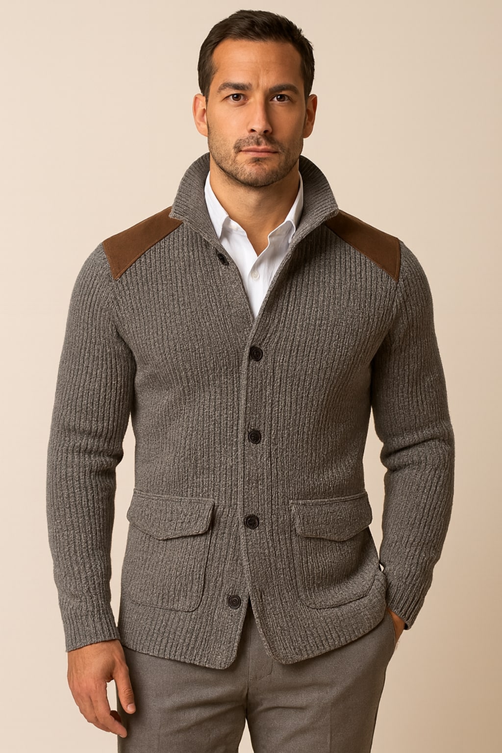 Men's Knitted Blazer in grey, soft tailored casual blazer, front view on a model