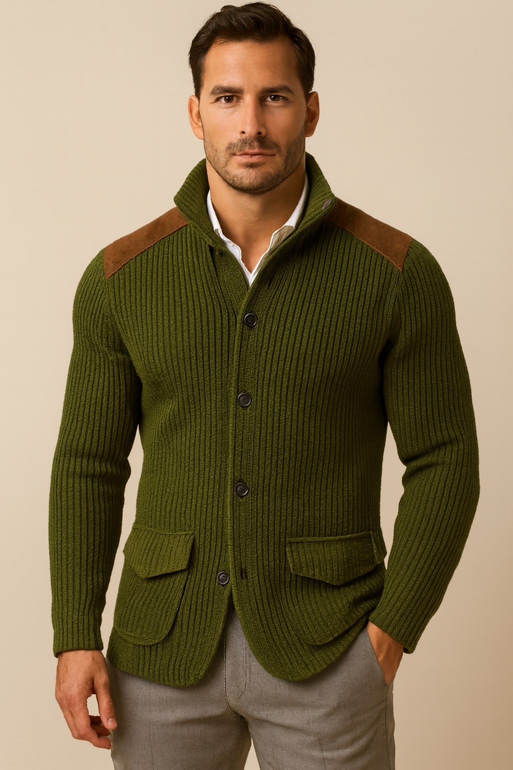 Men's Knitted Blazer in khaki, soft tailored casual blazer, front view on a model