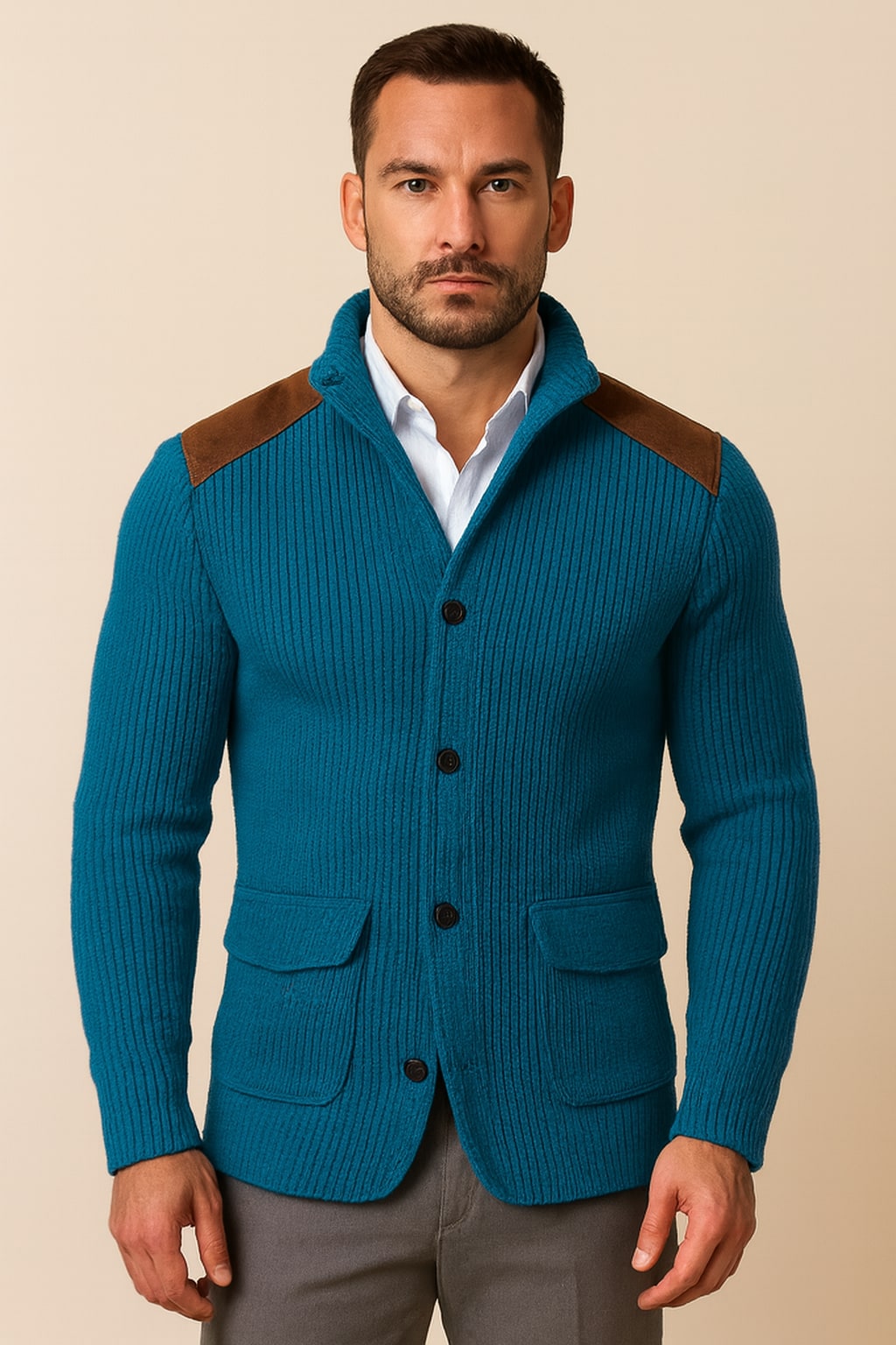 Men's Knitted Blazer in lake blue, soft tailored casual blazer, front view on a model