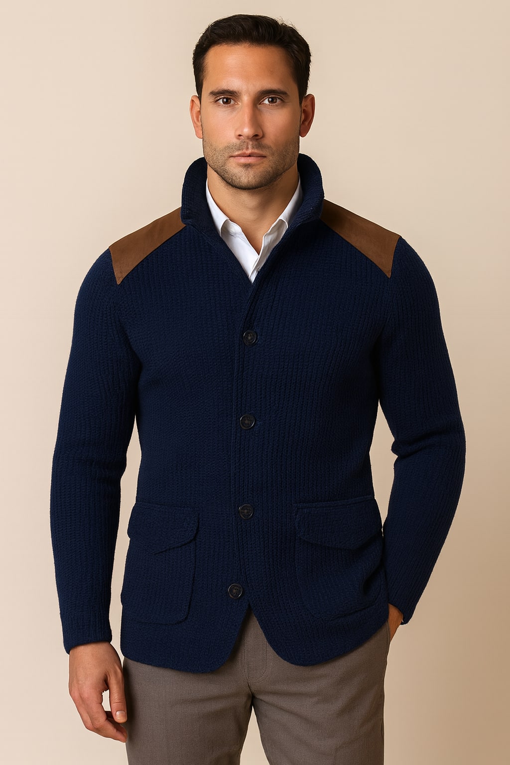 Men's Knitted Blazer in navy, soft tailored casual blazer, front view on a model