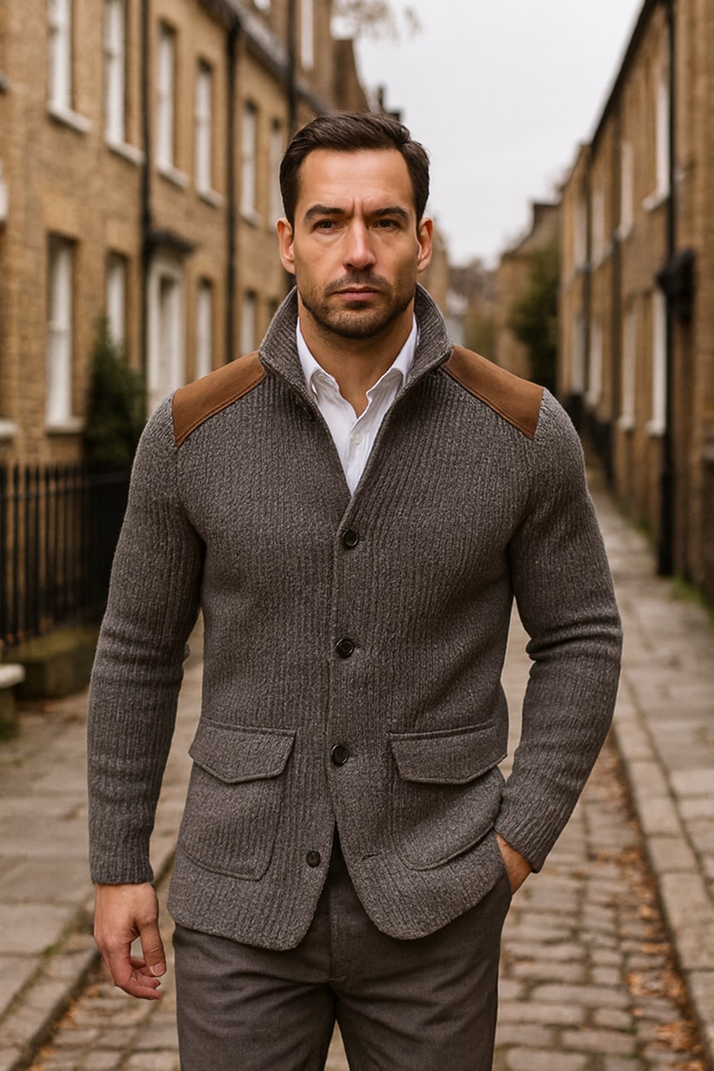 Man wearing the men's knitted blazer on an autumn street