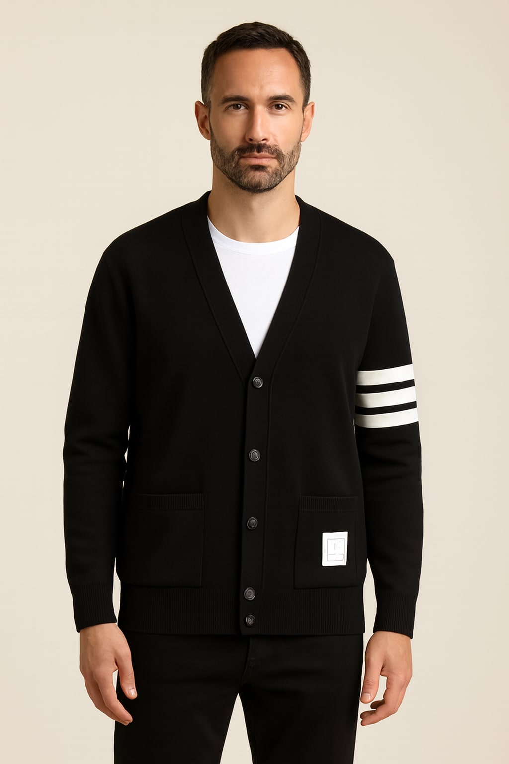 Men's Knitted Cardigan in black, button-front soft knit, front view on a model