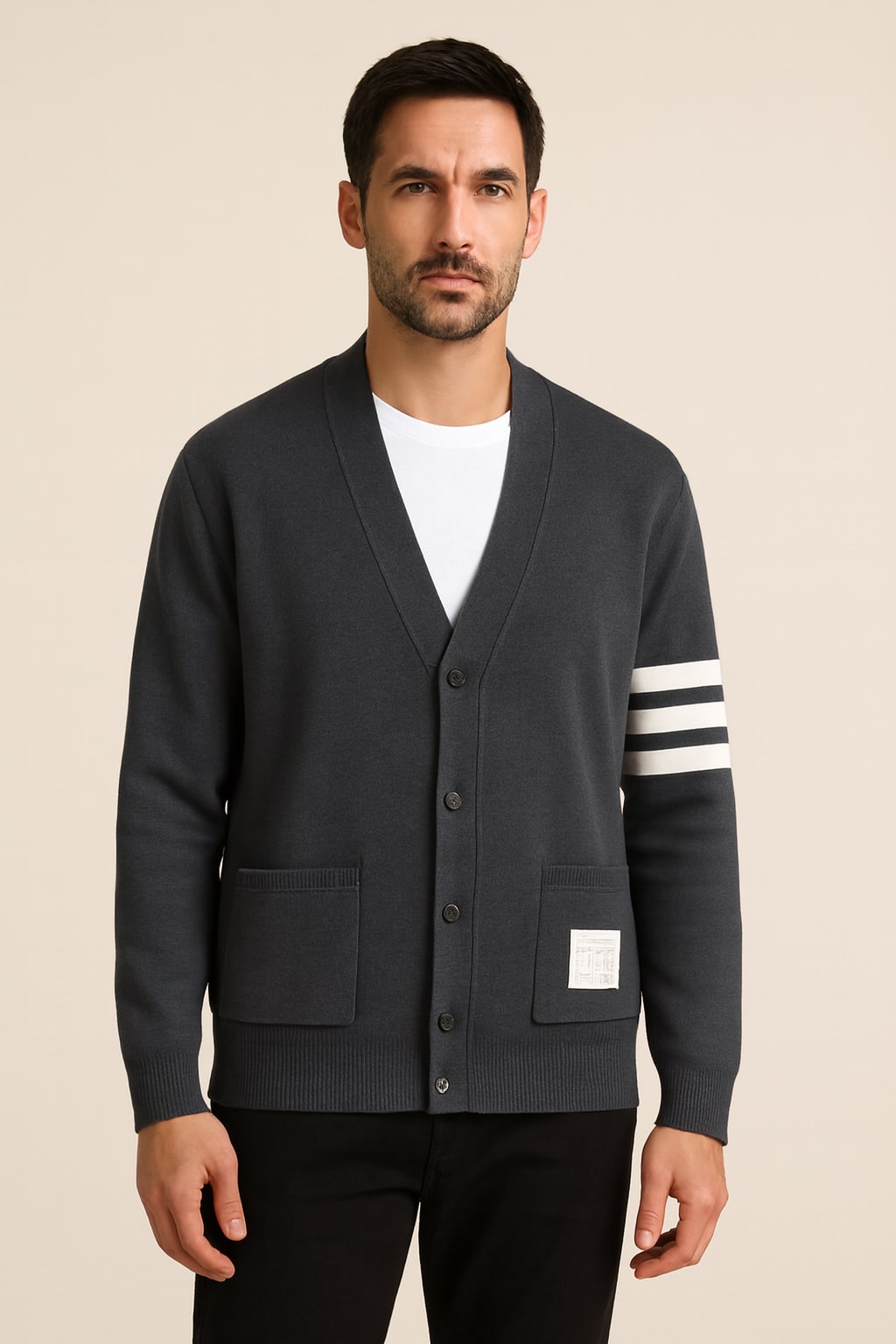 Men's Knitted Cardigan in blue, button-front soft knit, front view on a model