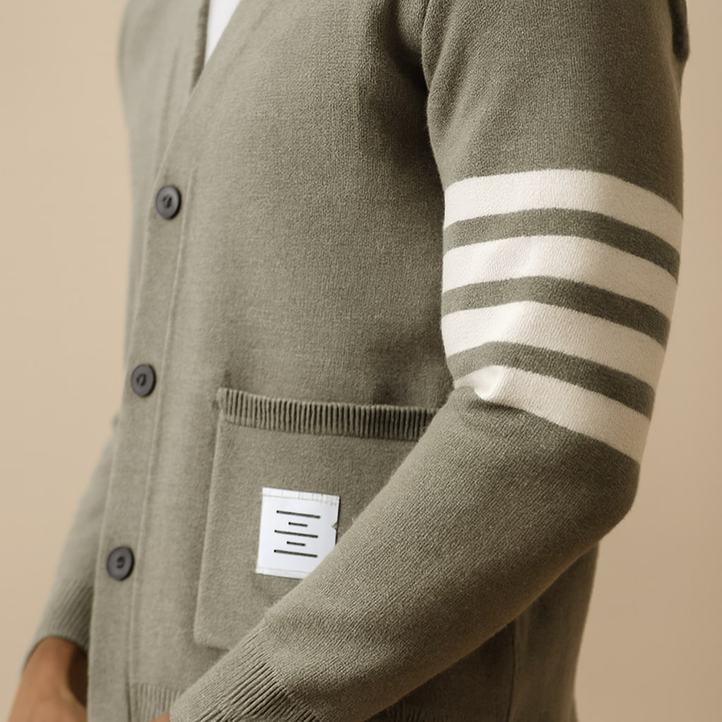Close-up of the men's knitted cardigan showing the sleeve stripes