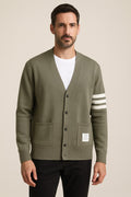 Men's Knitted Cardigan in green, button-front soft knit, front view on a model