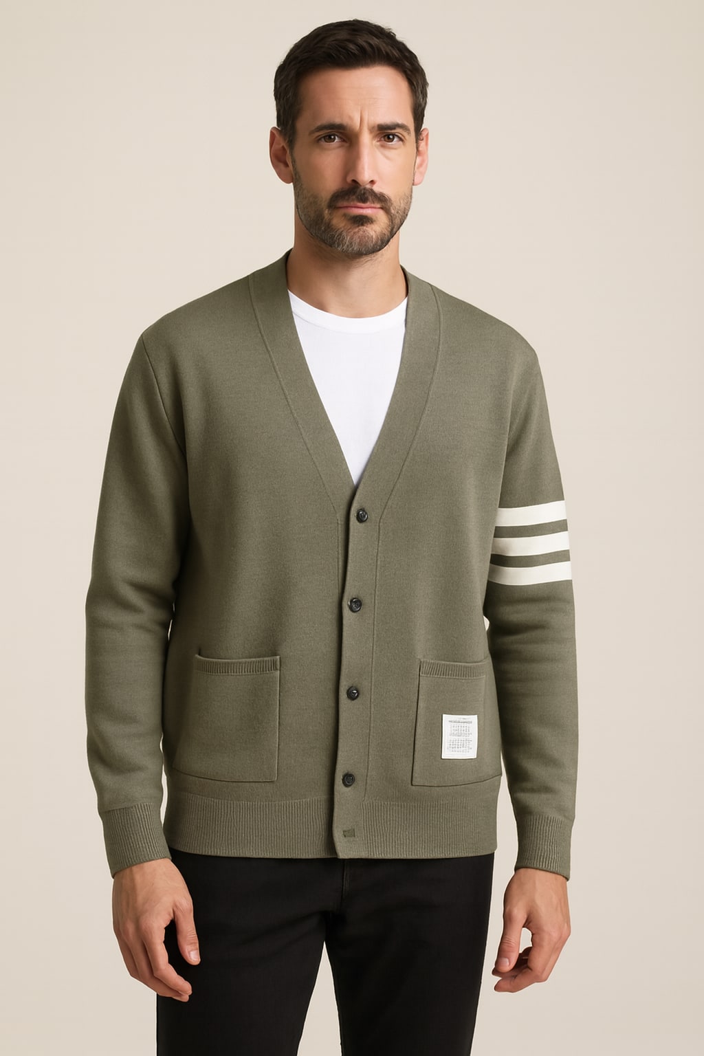 Men's Knitted Cardigan in green, button-front soft knit, front view on a model