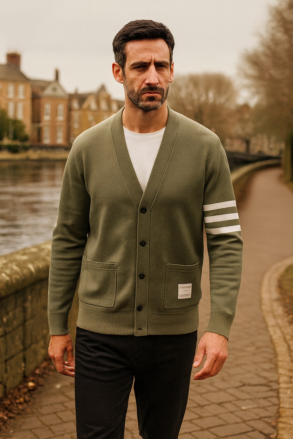 Man wearing the men's knitted cardigan on an autumn street