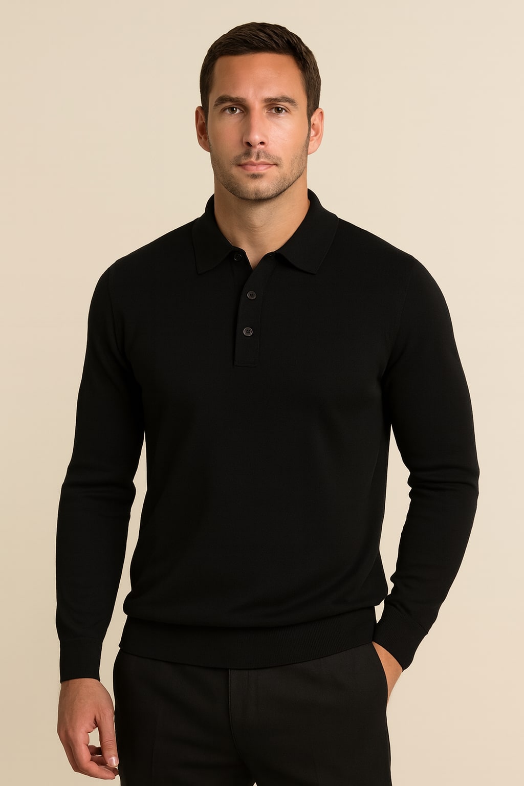 Men's Knitted Polo Shirt in black, long sleeve fine knit, front view on a model