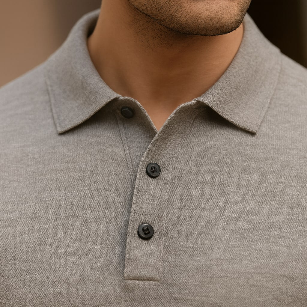 Close-up of the men's knitted polo shirt showing the collar and placket