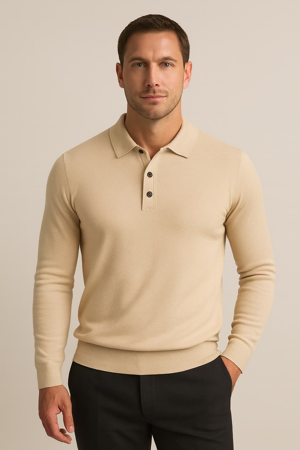 Men's Knitted Polo Shirt in cream, long sleeve fine knit, front view on a model