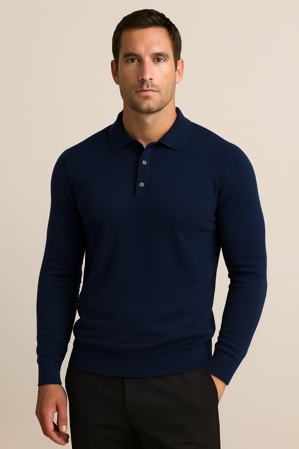 Men's Knitted Polo Shirt in dark blue, long sleeve fine knit, front view on a model